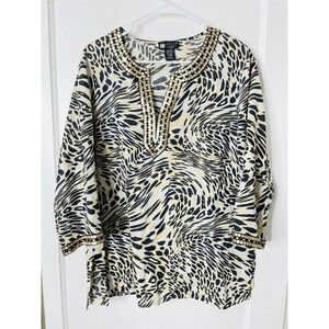 Vtg Carole Little Tunic 1X Linen Blend Animal Print Sequin Woven Side Slit Boho